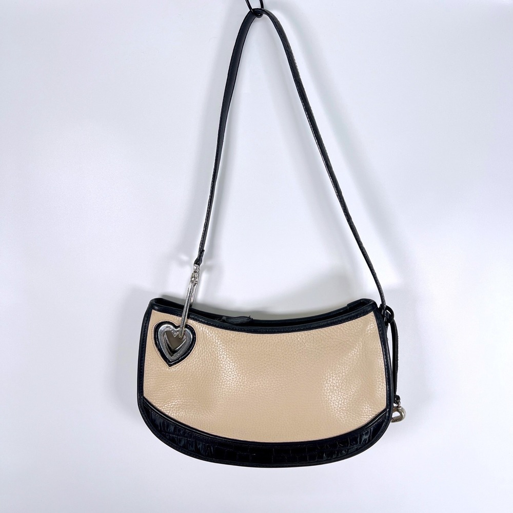 Brighton Black Cream Leather Croc Trim Heart Cutout Shoulder Bag Silver Y2k